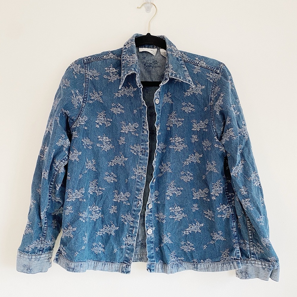 Vintage Christopher & Banks Denim Floral Button Up Denim Jacket Denim‎ Top White